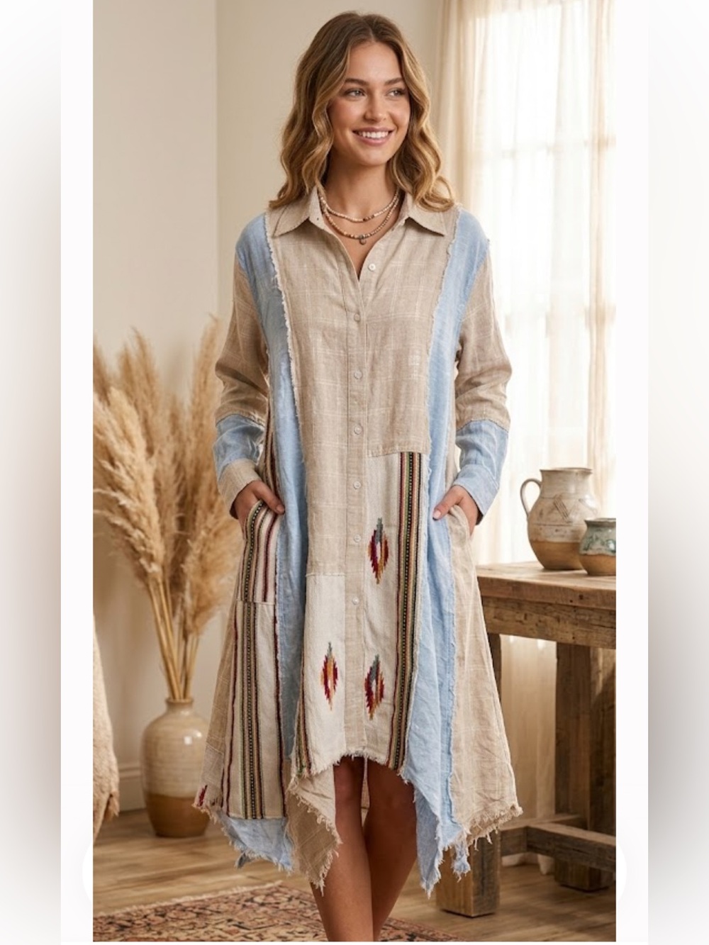 A Rare Bird Patchwork Linen-Blend Button Front Dress in Light Blue & Beige